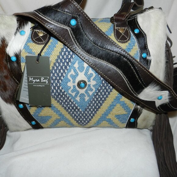 Myra Crashing Waves Fringed Hair On Leather Travel Tote Bag🆕FAST😮‍💨⚡🚚 - Picture 4 of 16